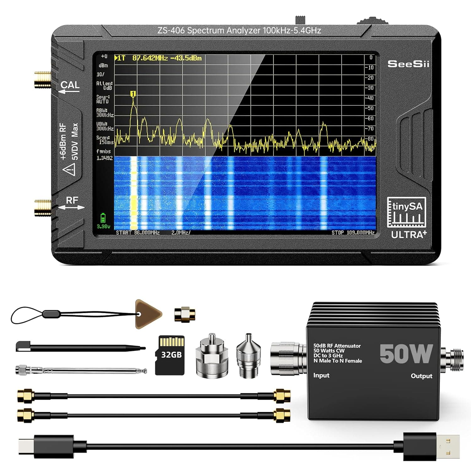 SEESII TinySA Ultra+ ZS406 Analyseur de spectre 100 kHz - 5,4 GHz
